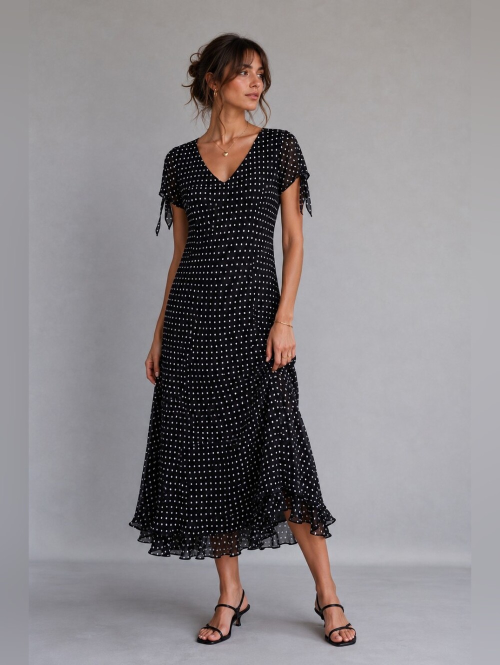 Vintage Black Polka Dot Bias Cut Midi Dress with Tie Sleeves
